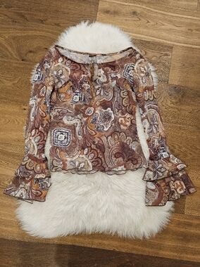 Vintage Studio Y Paisley Ruffle-Sleeve Blouse in Brown and Cream